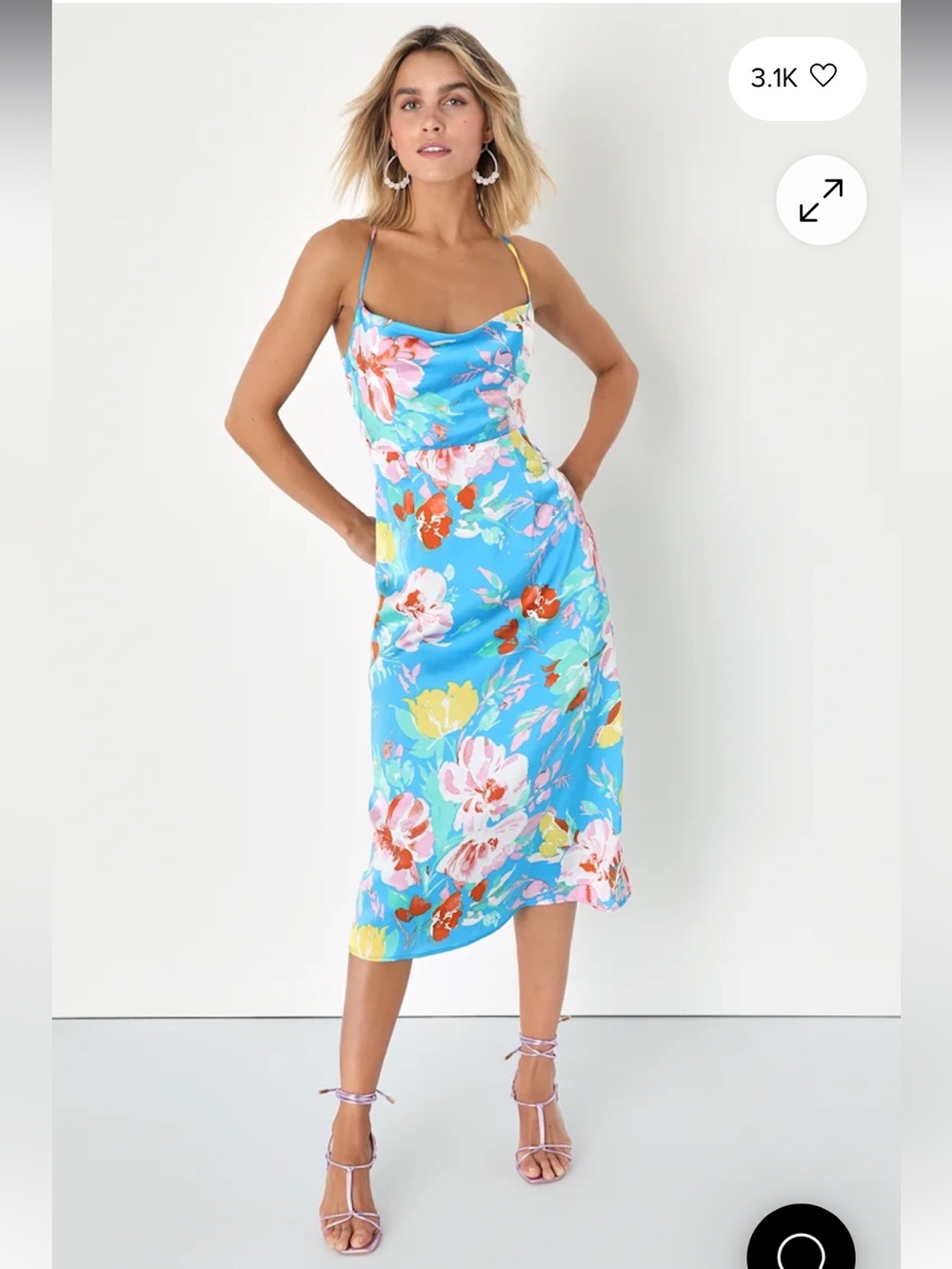 Lulus Flowering Forever Blue Floral Cowl Neck Backless Midi Dress. Size Medium.